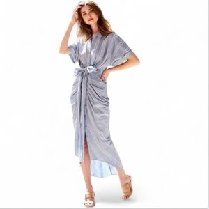 Cotton Maxi Casual Chic Shirt Dress Tie Waist Striped Blue White Trish Scully 2